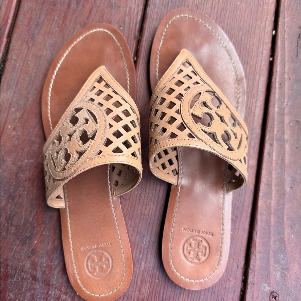 Tory Burch Tan Sandals with Intricate Cut-Out Design